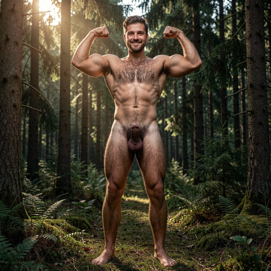 Naked, muscular man standing and posing in a dense forest, with his arms flexed in a bodybuilding pose that highlights biceps, shoulders, pecs, defined abs, and strong legs. He smiles while looking forward, with a short beard, styled dark hair, and abundant body hair on his chest, abdomen, pubic area, and legs; the penis and testicles are visible from the front. He is barefoot on a dirt path covered with moss and ferns, surrounded by tall trunks and green vegetation, while the warm sunlight filters through the trees, creating a natural, athletic, and luminous atmosphere.