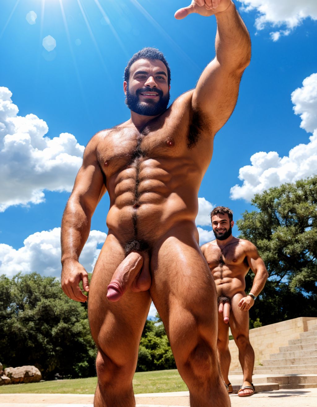 Calígula y Tiberio, desnudos, musculosos y velludos. Tienen penes erectos y testículos peludos. Están sonrientes sobre nubes blancas. Tienen vello abundante en todo el cuerpo. Tienen sandalias en los pies. Están sobre nubes blancas. Calígula y Tiberio tienen los penes erectos rectos hacia arriba y sus testículos son redondos y velludos.