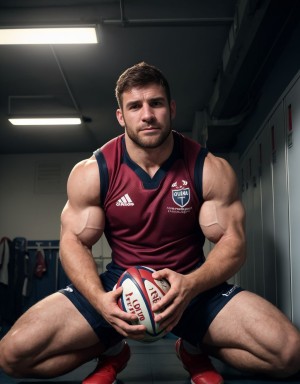 Hombre fornido de fútbol arrodillado, músculos definidos, piel bronceada, ojos cansados y satisfechos, barba incipiente, fluido en mandíbula y mejillas, pantalón corto de rugby bajo en caderas, pene visible,  balón de rugby manchado, camiseta arrugada con "10" al fondo, vestuario con luz tenue, atmósfera íntima y sensual.