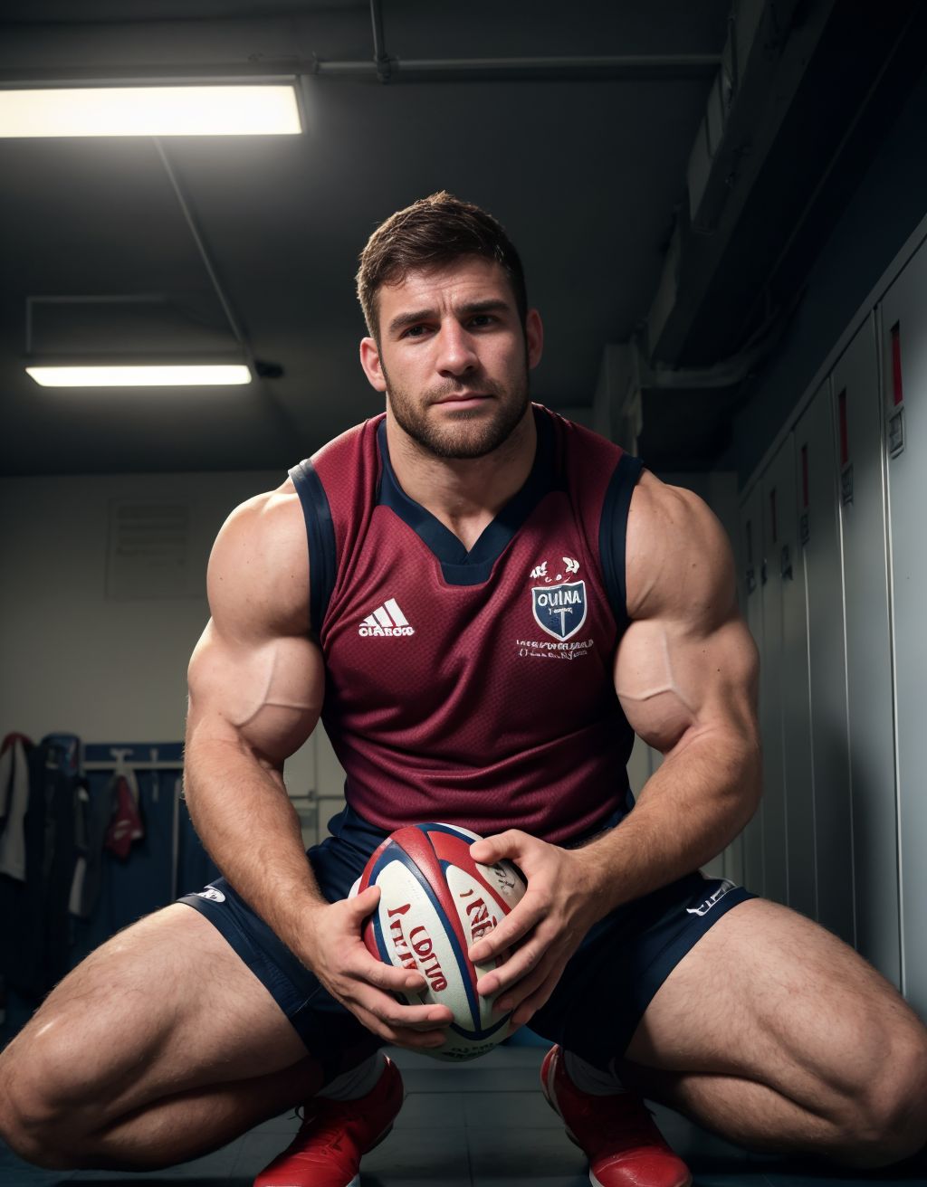 Hombre fornido de fútbol arrodillado, músculos definidos, piel bronceada, ojos cansados y satisfechos, barba incipiente, fluido en mandíbula y mejillas, pantalón corto de rugby bajo en caderas, pene visible,  balón de rugby manchado, camiseta arrugada con 
