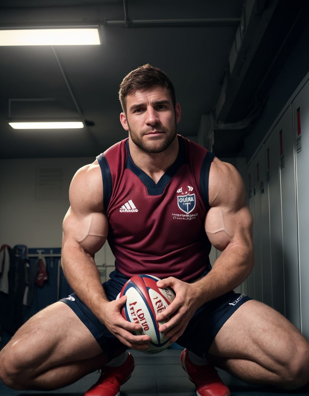 Hombre fornido de fútbol arrodillado, músculos definidos, piel bronceada, ojos cansados y satisfechos, barba incipiente, fluido en mandíbula y mejillas, pantalón corto de rugby bajo en caderas, pene visible,  balón de rugby manchado, camiseta arrugada con 