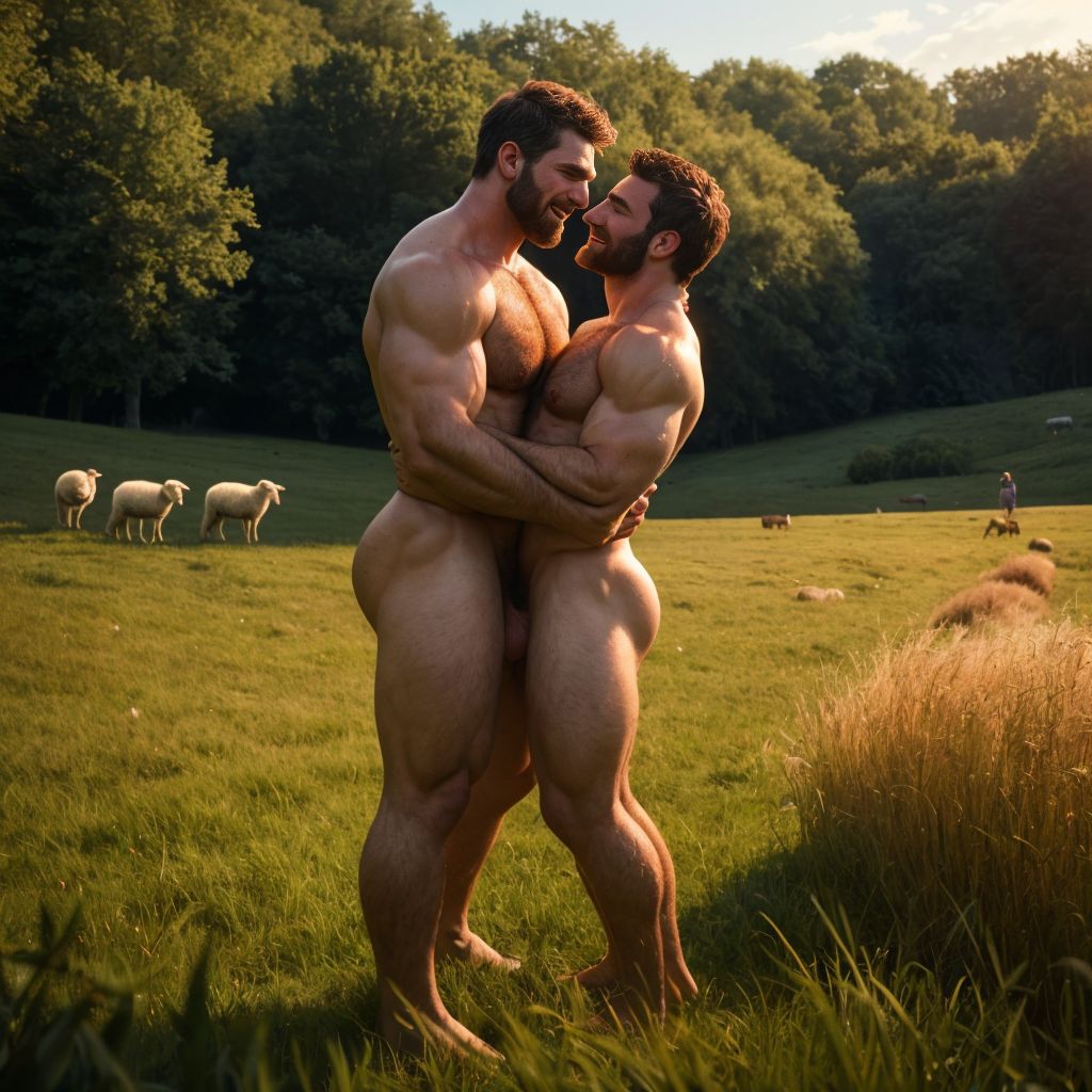 Dos hombres desnudos musculosos velludos están son pastores de ovejas en el prado verde. Están contentos y alegres. Tienen el pene grande de donde sale mucho semen líquido blanco. Tienen los testículos grandes y peludos. Se quieren.