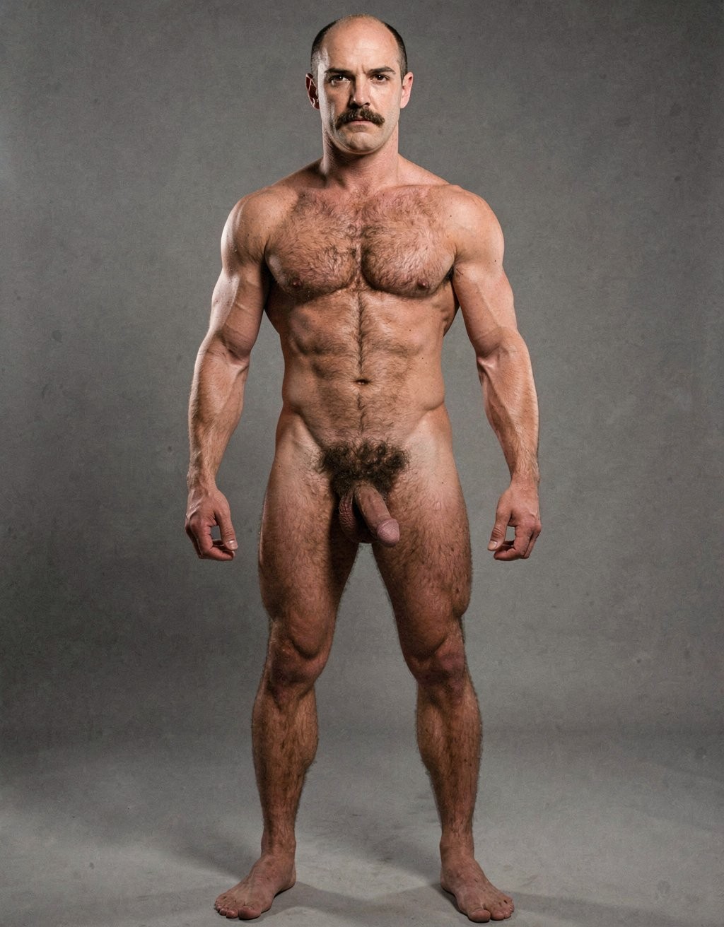 Mike Morris, a 32-year-old Caucasian male with an extremely lean and athletic physique at only 8% body fat, stands completely naked in a strict military attention pose. Full body frontal shot from the tips of his toes to the top of his head. His body is young, dry, and highly defined with sharp muscle separation, visible vascularity, and a very narrow waist. He has advanced Norwood III-IV male pattern baldness with a shiny tanned scalp on top and only short dark brown hair on the sides and back. His face is serious and commanding: square angular jaw, prominent cheekbones, thick dark handlebar mustache, heavy brows, and intense deep-set brown eyes. His massive square pectorals are pushed forward, covered in dense dark brown chest hair that forms a classic thick T-pattern running down the sternum and spreading over his sharply carved six-pack abs. Small dark nipples sit low on the pecs. A prominent trail of dark hair leads to an extremely dense, curly, dark brown pubic bush that climbs almost to his navel. His thick 14 cm flaccid cock hangs heavy over large, low-hanging, hairy testicles, the shaft skin noticeably lighter than his bronzed body. Powerful veined forearms, developed traps, defined quadriceps with clear separation, diamond-shaped calves, and slightly hairy feet complete his figure. He stands perfectly straight, chest out, shoulders back, arms rigid at his sides with fists clenched, head high and gaze fixed forward. Dramatic directional studio lighting from above and slightly to the front creates strong highlights on his dry, vascular skin and deep shadows that accentuate every muscle fiber, the texture of his dense body hair, and the extreme definition of his 8% body fat physique. Photorealistic, high-contrast, 1970s Colt Studio masculine aesthetic, grainy film texture.