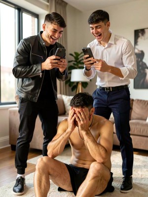 Three young men appear in a bright living room with large windows, a beige sofa, light curtains, and a floor lamp in the background. Two of them are standing, laughing while watching and recording with their mobile phones: one is wearing a black leather jacket, dark pants, and sneakers, and the other is wearing a white shirt, navy blue pants, and black shoes. In the center, a shirtless man, wearing black shorts and a chain around his neck, is sitting on the floor with his legs open and his face covered with both hands, conveying shame or frustration. The scene has the tone of a joke among friends, with a modern, relaxed domestic atmosphere.