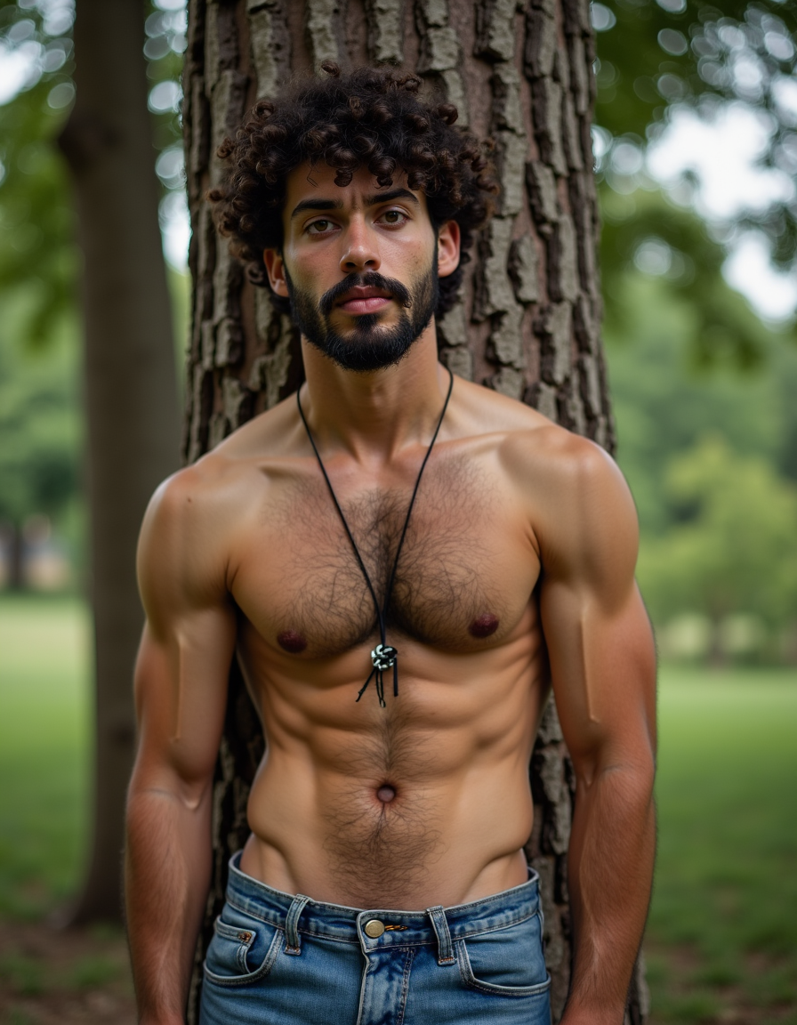 Esta este chico de barba atlético, 25 años, twink, de espalda ancha, abdomen marcado, semidesnudo, vestido con un shorts de jean atado a un árbol con su mirada tierna. Su rostro en v y su pelo crespo contrastan con su mirada de inocencia y sumisión 