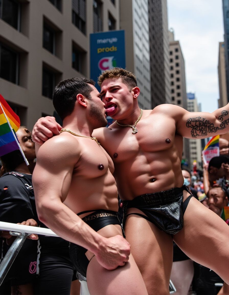 Dos hombres musculosos y semidesnudos celebran en una marcha del Orgullo en una calle urbana rodeada de rascacielos, abrazados sobre una valla mientras se lamen de forma provocativa y festiva. Ambos llevan cadenas doradas y ropa interior negra tipo slip o suspensorio, con el torso descubierto, abdominales marcados y actitud desinhibida; uno tiene el brazo rodeando el cuello del otro y el otro le sujeta la pierna. Al fondo aparecen banderas arcoíris, gente del desfile y carteles entre edificios altos, creando un ambiente de celebración LGBTQ+, fiesta callejera, diversidad, deseo y expresión corporal en plena ciudad.