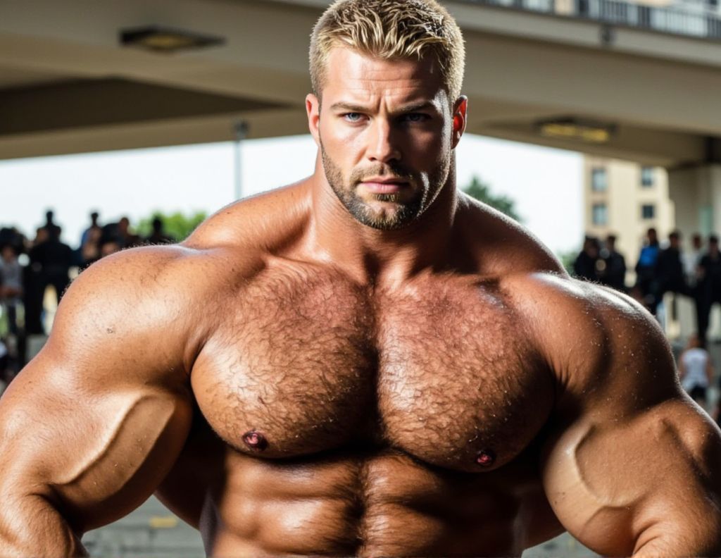 Macho rubio hipermasculino luciendo el torso desnudo, extremadamente musculoso, atractivo, con barba corta, nos muestra su virilidad en una pausa en el entrenamiento el el gim.
