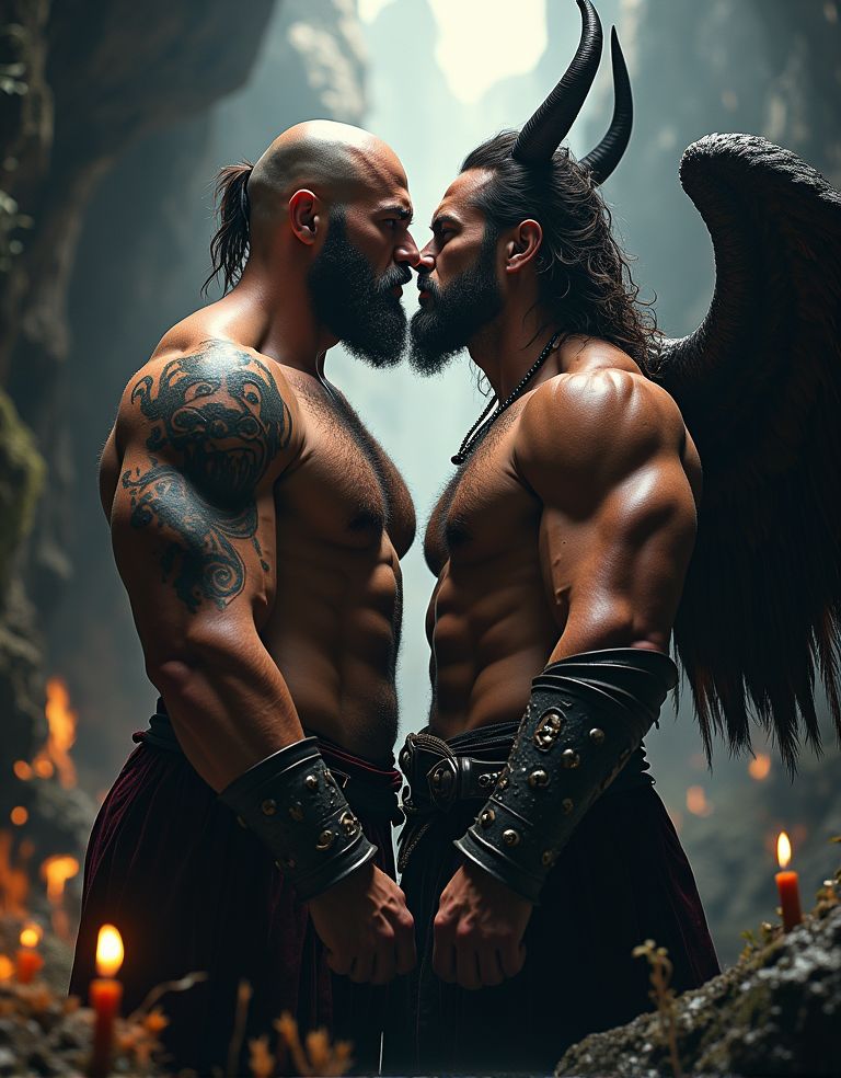 Ángel caído con alas negras rotas, cuerpo masculino perfecto desnudo, polla grande erguida goteando, músculos definidos, piel pálida con cicatrices, expresión de dolor y placer, pectorales marcados, abdominales perfectos, brazos musculosos, aureola rota flotando, fondo de cielo tormentoso, rayos y nubes oscuras, estilo gótico hiperrealista, iluminación dramática