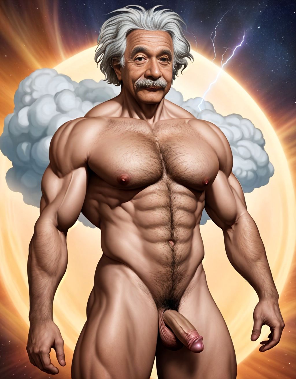 Albert Einstein, científico alemán. Está totalmente desnudo musculoso con pene grande y testículos grandes. Tiene mucho vello en el pecho brazos y piernas. Musculoso. Foto muy realista texturas 8k. Rodeado de electricidad rayos y de estrellas y sol reluciente que ilumina la cara y todo el cuerpo.