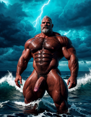 Neptuno es dios de los mares, las tempestades y los vientos. Es un dios iracundo y malhumorado, incluso violento. Está desnudo. Tiene un pene grande y largo. Tiene mucho vello. Está llamando a gritos a las criaturas del océano.