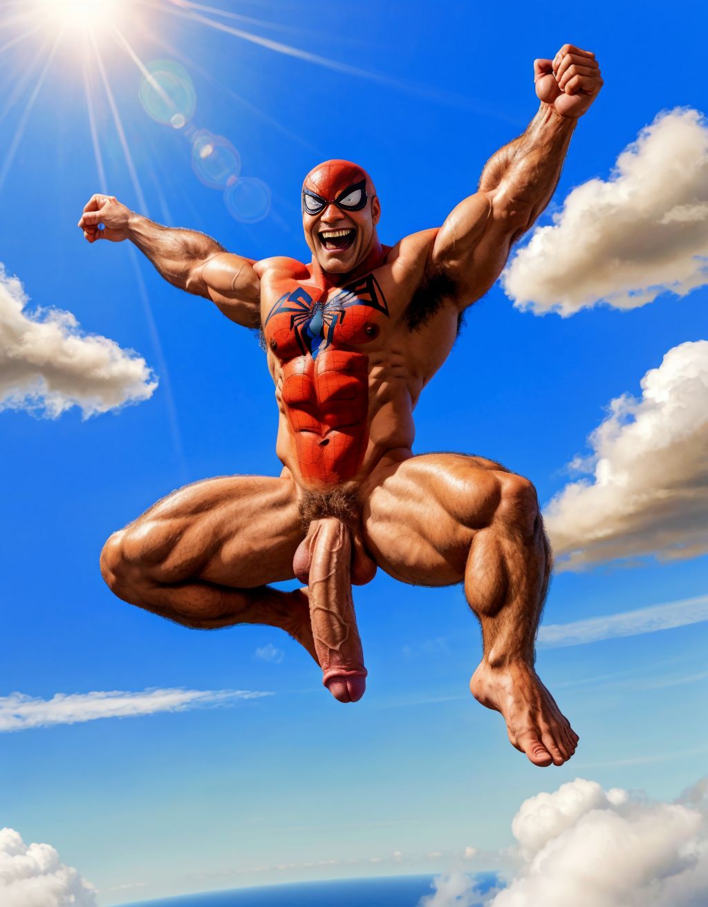 Spiderman velludo musculoso totalmente desnudo volando sobre una nube en el cielo azul. Tiene el pene grande. Tiene los testículos grandes y peludos. Volando. Está feliz. Tiene la piel limpia y húmeda. Tiene ojos verdes y dientes blancos.