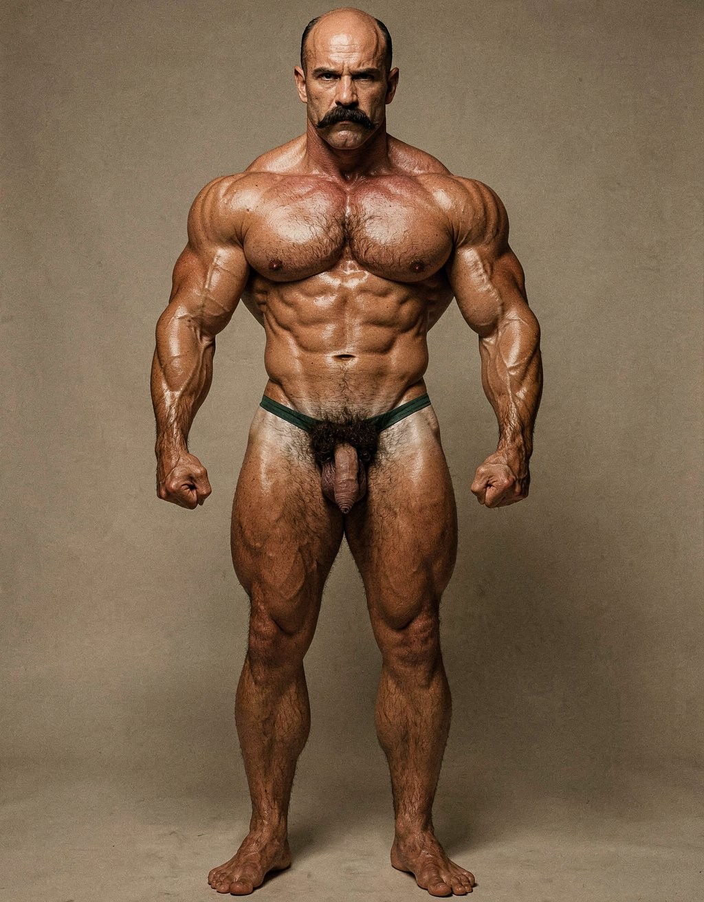 Mike Morris, the 32-year-old Caucasian bodybuilder with an athletic and extremely defined muscular physique, stands at full attention in a strict military pose, feet together, legs straight, back rigidly upright, shoulders back, chest thrust forward, arms at his sides with fists clenched, and head held high looking straight ahead with a serious, almost threatening expression. Full body shot from the tips of his toes to the top of his bald head. He is completely naked. His advanced Norwood III-IV male pattern baldness is clearly visible, with a shiny tanned scalp on top, short dark brown hair only on the sides and back. His square, angular face with strong jaw, prominent cheekbones, thick dark handlebar mustache, heavy brows, and intense deep-set brown eyes under slightly hooded lids stares forward with firm authority. His massive square pectorals are pushed out, dark brown chest hair forming a dense classic T-pattern down the sternum and spreading across his wide six-pack abs. Small dark nipples sit low on the pecs. A trail of dark hair leads to an extremely dense, thick, curly dark brown pubic bush that climbs almost to his navel. His heavy 14 cm flaccid cock hangs thick over large, low-hanging hairy testicles, the skin of the shaft noticeably lighter than his tanned body. Powerful veined forearms, developed traps flowing into delts, defined quads with visible separation, diamond-shaped calves, and hairy feet complete the figure. Warm directional studio lighting from above and slightly to the side creates sharp highlights on his oiled skin, deep shadows that accentuate every muscle fiber, the texture of his dense body hair, and the contrast between his tanned body and lighter genital area. Photorealistic, 1970s Colt Studio aesthetic, high contrast, masculine and commanding presence, grainy film texture. Tiene puesto un ajustado tanga estrecho de color verde oscuro ... 