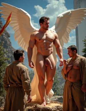 El arcángel San Gabriel es conocido como el ángel anunciador, está totalmente desnudo, tiene cuerpo de culturista, tiene un pene erecto de 35 cm de longitud y 9 cm de diámetro, tiene alas blancas, ondea en el aire una cinta con la inscripción latina: "Gloria in Excelsis Deo". Está colocado en una posición elevada sobre la escena de dos pastores llamados pastor Juan y pastor Pedro. Pastor Juan está de pie, tiene un cuerpo atlético con músculos muy marcados y bien definidos, tiene mucho vello en su pecho, tiene mucho vello en sus piernas, tiene mucho vello en sus brazos. Pastor Pedro está de pie y es muy potente, tiene mucha fuerza y está totalmente desnudo, tiene un pene que está erecto y mide 35 cm de longitud y 9 cm de diámetro.. Penes erectos muy grandes y excitados. De fondo en el aire hay un cartel con el escrito sobre las nubes el texto: "Belén de Navidad". De fondo todos los decorados del belén típico de Navidad pero sin niño ((NO NIÑO)) en el pesebre hay un pan redondo y naranjas