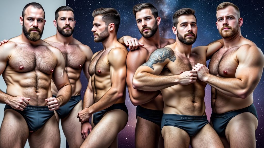 Imagen panorámica de un anuncio publicitario, siete modelos con el cabello castaño y barba, algo velludos, posan con el mismo calzoncillo tipo slip negro de una nueva marca, posan en posiciones distendidas mirando hacia diferentes lados, de forma desordenada. Tienen los pezones muy marcados. Al fondo hay un cartel del espacio exterior.
