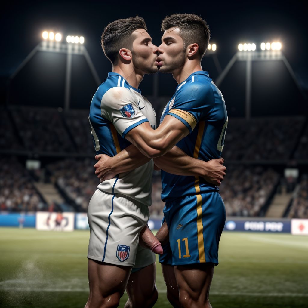 Two handsome male soccer players kissing passionately, penis visible, athletic build, masculine, wearing soccer uniforms with realistic team colors, on a soccer field at night, stadium lights illuminating them, dynamic pose, sweat glistening on skin, detailed faces, emotional intensity, sharp focus, cinematic lighting, 8k, ultra high resolution, photorealistic, trending on ArtStation, professional photography, intricate details, vibrant colors
