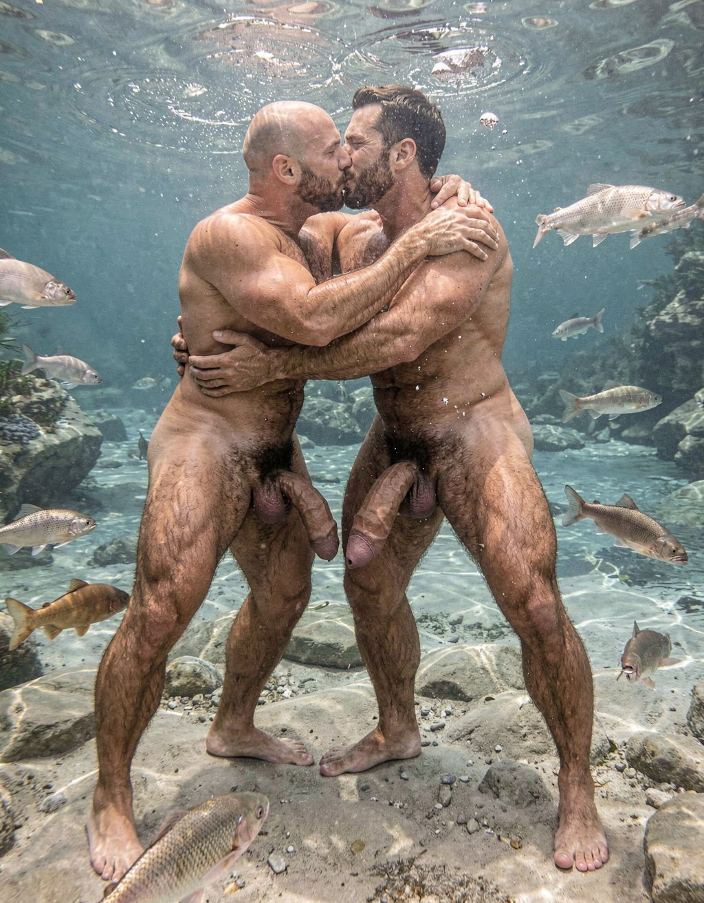 Alden y Ciro.

Full body wide shot underwater in a crystal clear flowing river. Two extremely muscular, heavily hairy naked men kissing passionately, mouths locked in a deep kiss, tongues intertwined, bubbles escaping. Alden, 35, completely bald, 178 cm tall with a lean defined physique at 9% body fat, wraps his arms around Ciro's neck, eyes closed in ecstasy. Both of Alden's legs are fully visible from hips to feet, his powerful thighs and calves visibly tensed and contracted, toes curled, every muscle fiber defined as he leans into Ciro. Ciro, 41, with short dark brown hair and a short trimmed beard floating in the current, 180 cm tall with a dense muscular body at 7.5% body fat, holds Alden tight around the waist. Both of Ciro's legs are also fully visible from hips to feet, his own powerful thighs and calves tensed as he presses his body toward Alden, his feet planted on the riverbed. Their bodies are pressed from chest to groin, dense dark chest and abdominal hair mingling. Between their furry bellies, their two fully erect penises are positioned extremely close together but separated by just 1 millimeter — Alden's massive 24 cm long, 28 cm girth cock hovering a hair's breadth away from Ciro's 22 cm thick cock, both shafts in full view, both glans facing each other, the tiny gap between them clearly visible, both cocks fully erect and pointing slightly upward, almost touching but not quite, the anticipation palpable. Full body composition showing all four legs, both cocks close but not touching, entire figures from head to toe. Salmon swim in a circle around them. Sunlight streams from above creating light patterns on bronzed wet skin. Photorealistic, UHD, 16:9, extreme detail in all four legs, both erect cocks extremely close with 1mm separation, full body frame, underwater musculature, wet body hair texture, salmon circling, two muscular hairy men kissing passionately while their cocks hover a millimeter apart underwater in a complete full body shot.