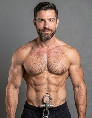 Macho de 40 años 180cm. de altura , moreno con barba recortada fibrado y peludo lleva un cockring de acero que muestra su enorme polla de 45cm. en erección  

