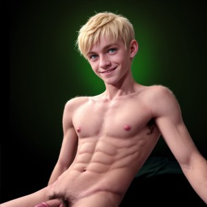 Hombre joven rubio, ojos verdes brillantes, twink, activo, con polla larga y erecta, torso desnudo, musculoso, sonriendo, con ojos brillantes, en una pose sensual y provocativa, con fondo oscuro y luces suaves. Con pelos