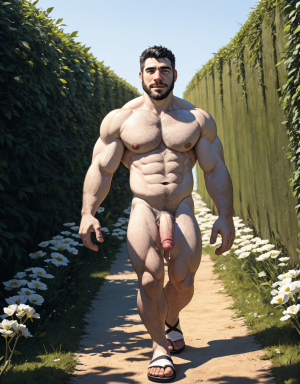Dos hombres: (Hombre blanco desnudo musculoso, tiene pene blanco, tiene testículos blancos, tiene mucho vello blanco, tiene pelo largo blanco, tiene barba blanca, tiene sandalias blancas, tiene pezones grandes largos y puntiagudos, está andando por un camino en el campo con flores blancas, está totalmente desnudo, sale líquido blanco por sus pezones). (Hombre negro desnudo, musculoso, tiene pene negro, tiene testículos negros, tiene sandalias negras, tiene mucho vello negro, tiene pezones grandes largos y puntiagudos, tiene pelo largo rizado negro, está andando por un camino en el campo con flores negras, sale líquido blanco por sus pezones).