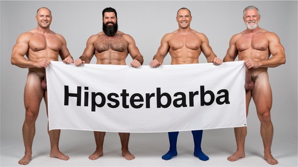 Four naked muscular men holding banner text (Hipsterbarba amor) ultra high quality 8K photorealistic: El Comandante Spanish military leader 45 years short gray hair stern commanding face muscular trained body 185cm 85kg standing far left holding left edge of banner with both hands completely naked massive erect uncircumcised penis 25cm thick veiny shaft visible below banner heavy balls alpha dominant stance, Soldado Bartolo Spanish soldier 35 years thick dark full beard short hair very hairy muscular chest arms legs groin 180cm 80kg standing center-left holding banner completely naked large erect uncircumcised penis 18cm thick visible hairy balls masculine hairy build playful smirk, Superman alien superhero 195cm 100kg perfect bronzed smooth hairless skin short black hair with characteristic curl bright blue eyes massive superhuman muscles standing center-right holding banner completely naked enormous erect penis 23cm steel hard thick shaft visible smooth heavy balls god-like physique confident smile, General Rodolfo Castaños 60 years short gray military hair thick gray mustache experienced muscular body 175cm 75kg standing far right holding right edge of banner completely naked thick erect penis 20cm visible mature heavy balls military bearing knowing expression, all four men standing in horizontal row full body visible head to feet holding between them large white fabric banner at chest level with bold black letters spelling Hipsterbarba ¿follamos? question mark clearly readable professional typography banner stretched tight all four erect penises balls completely visible below banner military office background professional studio lighting 8K photorealistic resolution masterpiece quality inviting expressions.