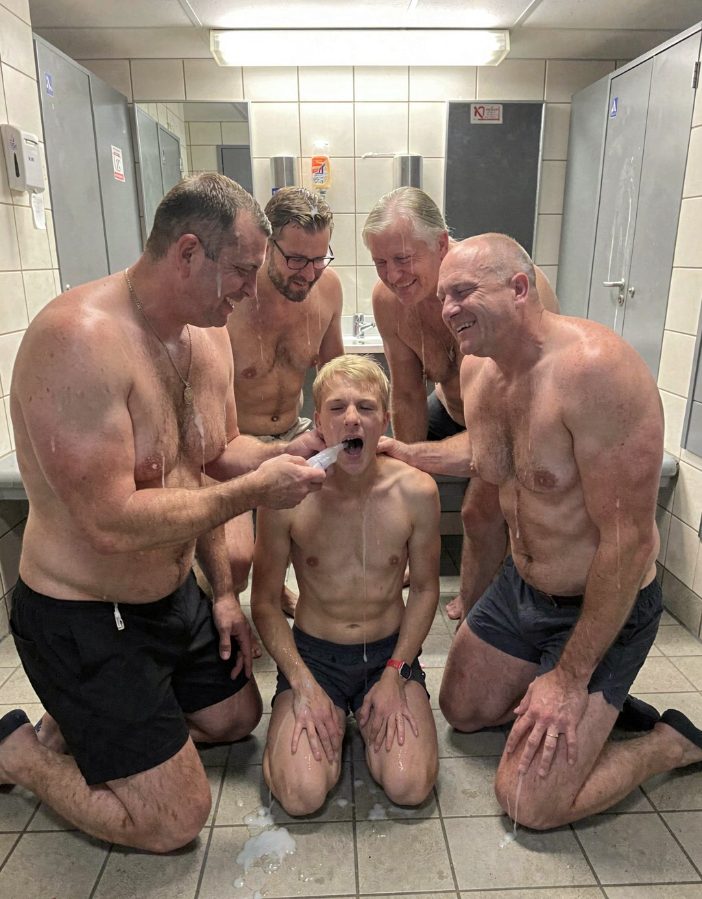 joven de 22 años muy delgado pelo rubio completamente desnudo de rodillas recibiendo semen de varios machos. tres machos maduros de 50 años, fuertes, grandes cuerpos, velludos, desnudos con sus grandes penes soltando semen en el cuerpo del joven de 22 años. Escena realista y morbosa en un lavabo público.