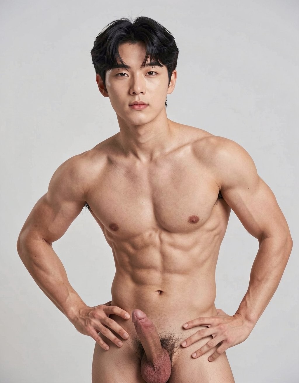 Hombre joven posando desnudo de frente sobre un fondo gris neutro de estudio, con el torso musculado, hombros anchos, brazos definidos y abdominales muy marcados iluminados de forma uniforme. Tiene el pelo negro corto y ligeramente ondulado, expresión seria y mirada directa a cámara, con las manos apoyadas en las caderas en una postura firme y simétrica. La parte inferior del cuerpo queda visible hasta la zona púbica, con vello púbico oscuro y el pene flácido expuesto en el centro de la composición. La fotografía transmite un estilo de retrato fitness o artístico masculino, centrado en la anatomía, la desnudez frontal y la definición corporal.