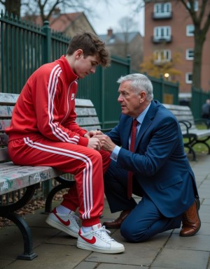 In an urban park at dusk, a young tracksuit lad, red and white tracksuit, Nike sneakers, sits sprawled on a graffiti-covered bench, legs spread wide apart. He commands with his body language while an older executive in a blue suit and expensive Oxford shoes kneels at his feet, forced to polish the dirty Nike sneaker with his expensive silk tie, fighting to hold his pride as passersby glance their way.