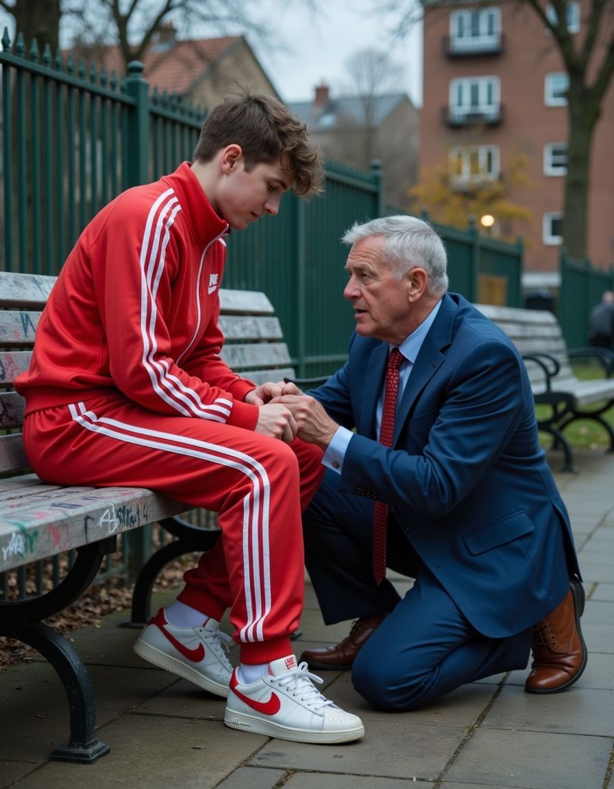 A young man in a red tracksuit with white stripes is sitting with his head bowed on a park bench, his hands held by an older man dressed in a blue suit, white shirt, and red tie, who is kneeling in front of him in a close and supportive posture. The scene conveys comfort, serious conversation, and concern, with the man looking at him attentively while the young man avoids his gaze, sitting with a tense and thoughtful attitude. He wears white sneakers with red details, and the urban setting includes a green fence, wooden benches with graffiti, a tiled sidewalk, leafless trees, and residential buildings in the background, creating a cold, autumnal atmosphere of emotional support in a public space.