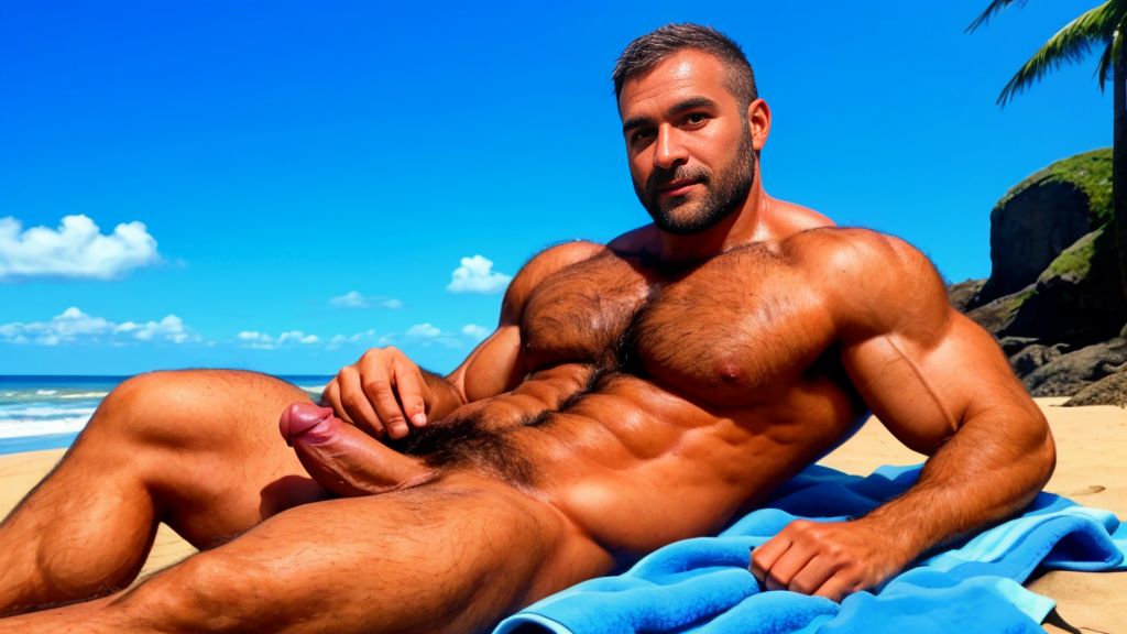 Fotografía panorámica 16:9 en ultra alta definición para imágenes 4K: hombre de 35 años de edad está acostado sobre una toalla en la playa, es delgado, músculos muy definidos y fibrosos delgado, totalmente desnudo con mucho vello por todo el cuerpo, se ven sus testículos hermosos y con mucho vello, cuerpo sudoroso y bronceado. Tiene un hermoso pene que está erecto y que es acariciado vigorosamente con la mano derecha.