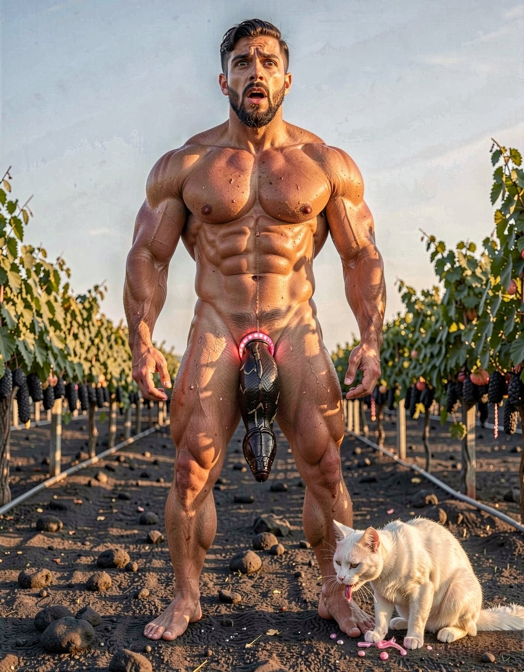 A raw, extremely photorealistic full-body vertical photograph taken on location with Canon EOS R5, 85mm f/1.4 lens at f/2, natural golden-hour Mediterranean sunlight hitting the scene in an Assyrtiko vineyard on Santorini. Dimitris, 35-year-old powerfully built Greek man with completely authentic mature muscle, real skin imperfections, visible pores and natural body hair, stands totally naked with his bare feet planted wide on dark volcanic soil. Shot from a low three-quarter rear angle that perfectly frames his massive muscular back, thick rounded shoulders, narrow waist and round, densely hairy glutes. His head is turned over his left shoulder, thick black beard with natural silver strands visible in profile, mouth slack and genuinely open in shock, eyes wide and unfocused as he stares straight up at the sky with a raw, unfiltered expression of surprise, discomfort and intense bodily sensation. A large, completely realistic python with glossy black scales and subtle emerald reflections has forced its broad head and a thick muscular section of its body deep into his hairy anus. The sphincter is stretched to its absolute physical limit around the snake’s thick torso, pink inner rim visibly gripping with authentic redness, natural swelling, visible tension, every tiny wrinkle, dark anal hair and involuntary muscular spasm captured with clinical, documentary clarity. Thick beads of real sweat trickle down his crack, mixing with natural lubrication as the snake slowly and powerfully pushes further inside with visible contractions. At his feet, a real white domestic cat with slightly dirty soft fur sits calmly on the volcanic earth and licks the toes and sole of Dimitris’ right foot with slow, wet, deliberate strokes of its small pink tongue, leaving visible saliva trails on the skin and between the toes. True sunlight creates authentic specular highlights on wet skin, glossy scales, the stretched anal tissue, individual body hairs, sweat droplets and the cat’s fur, with deep natural shadows and shallow depth of field that keeps razor-sharp focus on the penetration, the stretched hole and the cat’s tongue while softly blurring the distant vines. Obsessive photographic realism: visible skin pores, real skin texture and imperfections, individual hairs, natural muscle striations, realistic scale patterns, authentic physical reaction of the stretched anus, wet saliva, dust particles on the cat’s paws and fur, pure unembellished documentary precision as if taken by a professional photographer standing right there on location, zero artistic stylization whatsoever.