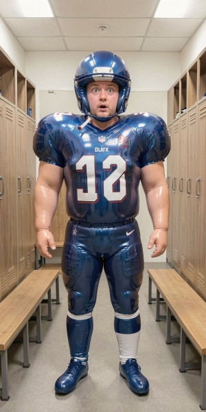 Un joven quarterback de 19 años con rasgos atléticos y cabello corto, vestido con su uniforme completo del equipo, incluyendo casco, hombreras, y pantalones de fútbol americano, se ha transformado de manera mágica en un juguete inflable en el vestuario del equipo. Su cuerpo, ahora de un material brillante y flexible, refleja los colores del equipo, con el número y el logo impreso en su pecho inflado. El casco, ahora parte de su cabeza inflable, mantiene su forma original pero con una textura suave y elástica. Las hombreras y el protector de hombros forman parte de su cuerpo inflado, dándole una apariencia divertida y juguetona. El joven quarterback inflable se encuentra en el centro del vestuario, rodeado de bancos y armarios, con una expresión de sorpresa congelada en su rostro inflado. La escena es hiper-realista, con detalles precisos en el entorno y en la textura del juguete inflable, destacando la transformación surrealista del atleta.