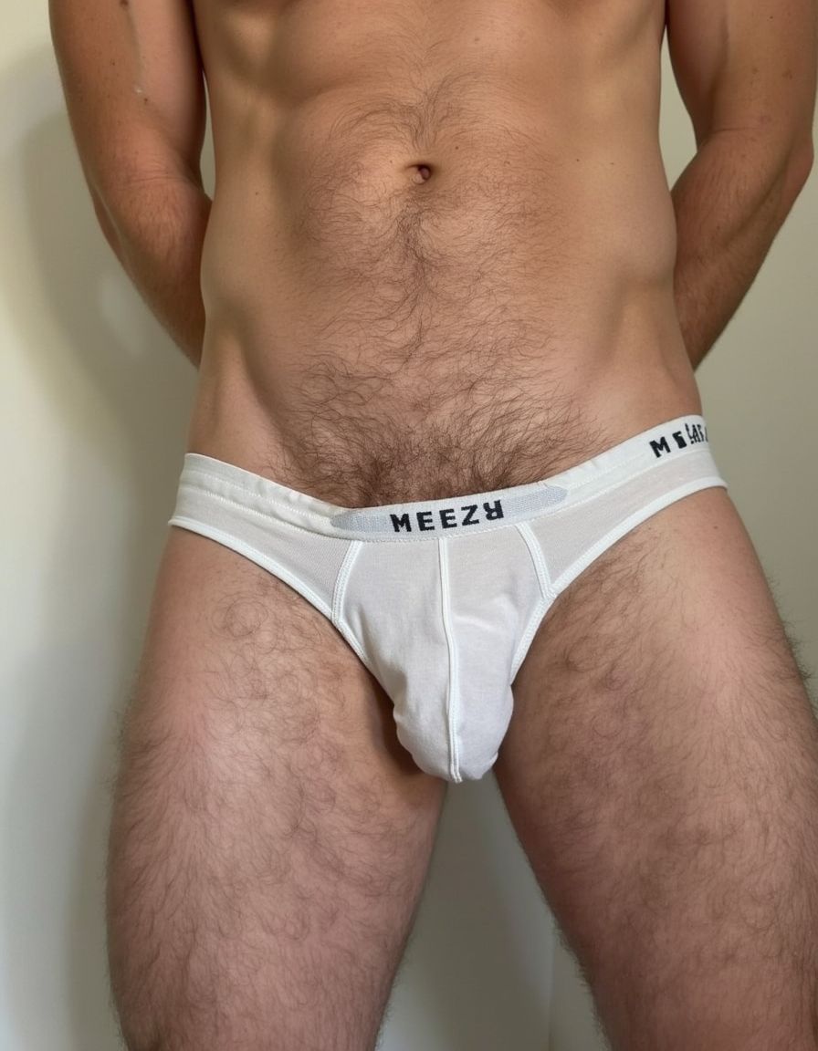 Hombres heteros grandes peludos vestuario en slips blancos y gota meo