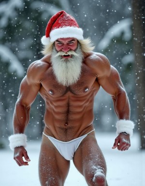 La Navidad. Papá Noel es un hombre de 35 años, atleta, delgado con músculos muy marcados y definidos, está delgado y es muy varonil, tiene barba abundante blanca abundante. Tiene el gorro de papá Noel, está totalmente desnudo enseñando su musculatura de atleta y está bronceado, está entre nieve pero no frío, tiene abundante vello blanco por todo su cuerpo que cubre sus músculos de los pectorales el abdomen y cubre sus piernas. Tiene sandalias blancas en sus pies. Tiene barba abundante blanca de papá Noel. Es el Papá Noel del año 2025, con mucha alegría y mucho sexo gay. Aspecto muy masculino, salvaje. Tiene un pene erecto de 20cm de longitud y 8cm de diámetro. Tiene barba de pelo blanco y tiene mucho vello de color blanco por todo el cuerpo. El hombre Papá Noel está delgado y musculoso y peludo sobre la nieve mientras cae nieve y su pene erecto se mueve sobre sus testículos. Su pene está a la vista. Está totalmente desnudo. Tiene los músculos flexionados y tensados con los brazos hacia arriba en flexión enseñando los bíceps 