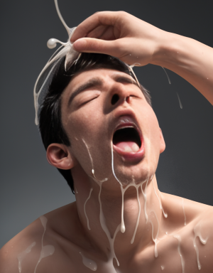 Chico  joven , boca abierta, llena de semen que sale en abundancia, gotas de semen resbalan por su barbilla y cuello, semen en el pelo expresión de éxtasis, semen fresco y brillante.