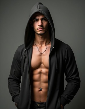 Hombre musculoso encapuchado con el pollón al aire