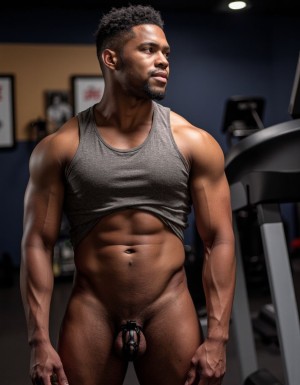 Un chico sub de piel negra, con un cuerpo atlético y musculatura bien definida, está en el gimnasio, vistiendo una camiseta de tirantes que resalta su físico tonificado. Mientras se admira en el espejo, se puede ver que lleva una jaula de castidad debajo de sus pantalones, que asoma ligeramente por la parte superior del pantalón, destacando el contraste entre su cuerpo libre y la restricción de la jaula. La luz del gimnasio resalta los músculos de su torso y brazos, y su piel negra brilla con un ligero sudor, enfatizando su apariencia atlética y sensual. La jaula de castidad es visible, pero no demasiado prominente, lo que añade un toque de misterio y provocación a la escena, mientras el chico se observa a sí mismo con una mirada de satisfacción y curiosidad. La imagen es hiperrealista, con detalles de alta calidad que capturan la textura de la camiseta, la suavidad de la piel y el brillo metálico de la jaula de castidad.