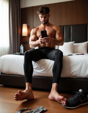 David Laid, 26 años, culturista fitness influencer de origen estonio, cuerpo extremadamente musculoso y definido, sentado en el borde de una cama de hotel de lujo, torso desnudo mostrando pectorales y abdominales marcados, brazos venosos, pantalón deportivo negro ajustado, descalzo, pies masculinos grandes talla 45 en primer plano apoyados en el suelo de madera, plantas anchas y callosas visibles, dedos largos, piel bronceada, tatuajes en el brazo, pelo castaño oscuro despeinado, barba de dos días, expresión relajada mirando el móvil, iluminación natural de ventana, ambiente de después de entrenar, botella de agua en mesita, zapatillas Nike negras tiradas en el suelo junto a calcetines sudados.