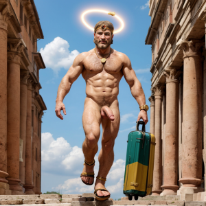 En el año 49 a.C., Julio César desnudo con pene grande. Está por las calles de la ciudad de Roma. Está bronceado. Tiene testículos grandes y peludos, muestra su bíceps derecho con orgullo. Tiene un aro luminoso sobre su cabeza. Tiene sandalias, monedas esparcidas. Salta hacia arriba subiendo al cielo. Es muy atractivo. Está volando entre nubes. Se ve todo el cuerpo muy bonito, cabeza y pies con sandalias.