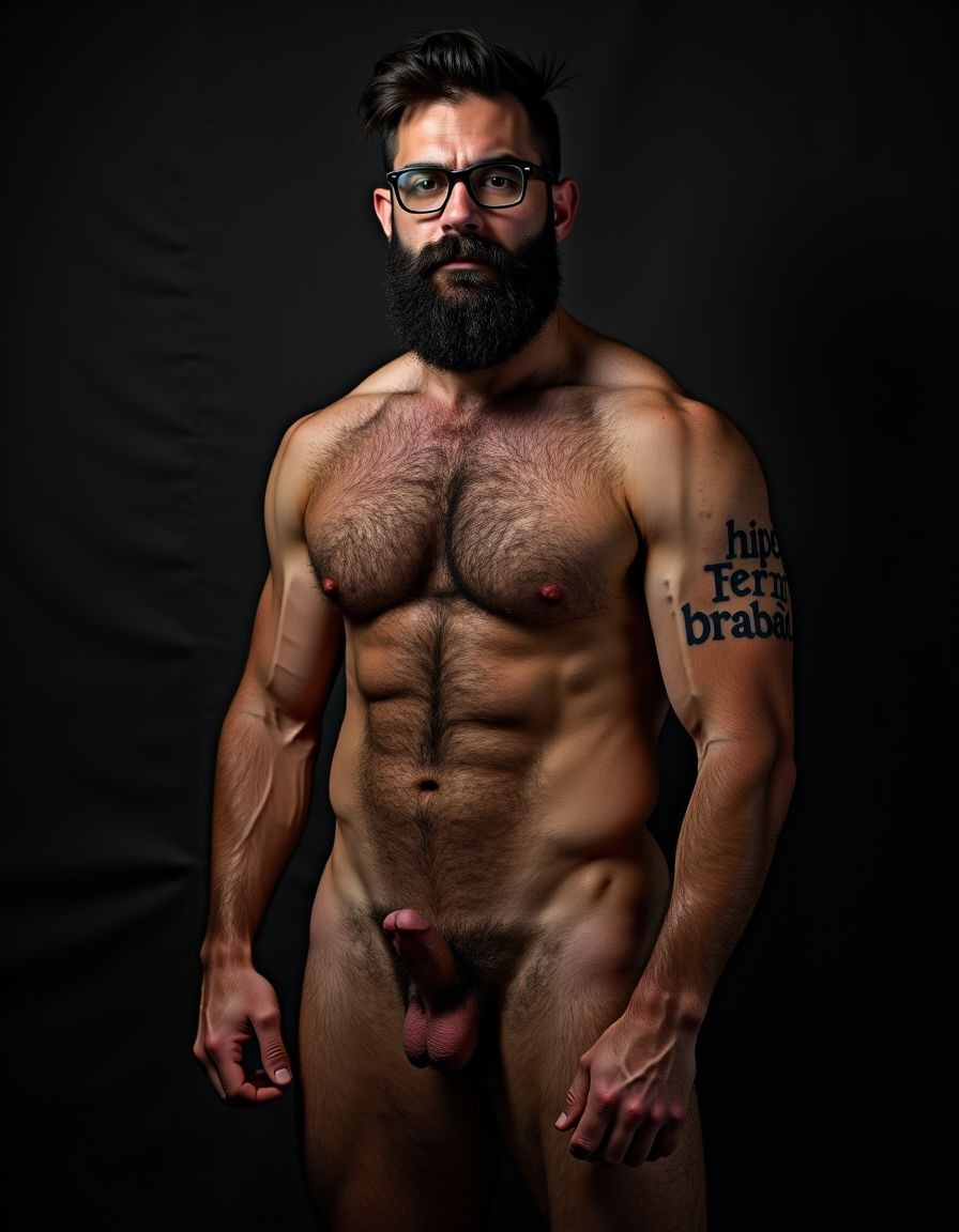Fotografía hiperrealista de un hombre adulto musculoso a la vista todo el cuerpo desde los pies hasta la cabeza, tiene sandalias negras en sus pies, su cuerpo es muy delgado con músculos marcados y definidos, rostro masculino, está totalmente desnudo, tiene pene erecto de treinta centímetros de longitud y ocho centímetros de diámetro, tiene rasgos marcados duros expresivos, barba densa poblada tupida oscura estilo hipster cubriendo completamente mandíbula mentón mejillas con grosor uniforme textura abundante muy definida, bigote denso tupido oscuro conectado perfectamente con la barba completa cubriendo completamente el labio superior, pelo oscuro medio peinado completamente recto hacia arriba con volumen considerable estilo hipster moderno quiff puntas verticales texturizadas hacia el cielo con altura prominente, cejas gruesas oscuras pobladas muy marcadas definidas, gafas de montura completa negra cuadradas grandes estilo hipster moderno sobre el puente de la nariz enmarcando unos ojos oscuros intensos que miran directamente a cámara con expresión seria penetrante confiada, expresión facial seria masculina sin sonrisa con mirada directa desafiante, pómulos marcados definidos angulares, nariz recta proporcionada, labios medios apenas visibles completamente cubiertos por bigote denso que conecta con la barba hipster completa, torso desnudo muy musculoso con pectorales enormes desarrollados y definidos, hombros anchos musculosos deltoide prominentes, brazos musculosos marcados y bien definidos con bíceps y tríceps marcados visibles a ambos lados del cuerpo, abdomen tonificado marcado visible con cintura delgada marcada, piel con textura realista detallada poros imperfecciones sutiles, vello corporal denso oscuro abundante cubriendo pectorales abdomen brazos hombros con textura natural masculina muy visible. Tiene un tatuaje en tinta negra en el bíceps del brazo derecho en tipografía negra sans-serif de tamaño mediano y proporcionado de forma clara y legible sobre la piel del bíceps del brazo derecho con las siguientes letras: hipsterbarba. Iluminación dramática lateral direccional que crea contraste alto marcado entre luces brillantes y sombras profundas resaltando la estructura facial angular la barba hipster densa las gafas cuadradas grandes el vello corporal abundante la musculatura del torso los brazos. Tiene tatuaje en el bíceps del brazo derecho de tipografía negra sans-serif de tamaño mediano y proporcionado de forma clara y legible sobre la piel del bíceps del brazo derecho con las siguientes letras: hipsterbarba. Fondo completamente oscuro negro liso uniforme desenfocado sin distracciones, fotografía analógica en color de alto contraste con grano fotográfico sutil visible estilo retrato hipster masculino fitness, enfoque nítido absoluto perfecto en el rostro especialmente en los ojos detrás de las gafas la barba hipster densa el bigote tupido el pelo vertical el vello corporal el torso con músculos muy marcados y muy definidos. Tiene un tatuaje en el bíceps del brazo derecho de tipografía negra sans-serif de tamaño mediano y proporcionado con forma clara y legible sobre la piel del bíceps del brazo derecho con las siguientes letras: hipsterbarba. Imagen con encuadre vertical desde los pies hasta la cabeza mostrando los pies desnudos las piernas peludas el pene erecto los testículos colgando con su escroto bajo todo el torso peludo los brazos musculosos peludos y la cabeza con pelo oscuro medio peinado completamente recto hacia arriba con volumen considerable estilo hipster moderno quiff puntas verticales texturizadas hacia el cielo con altura prominente, calidad fotográfica hiperrealista 8K máxima definición detalle extremo, renderizado cinematográfico fotorrealista profesional. Tiene un tatuaje en el bíceps del brazo derecho en tipografía negra sans-serif de tamaño mediano con forma clara y legible sobre la piel del bíceps del brazo derecho las siguientes letras: hipsterbarba