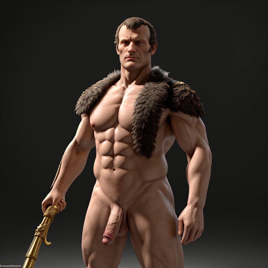 Napoleón Bonaparte totalmente desnudo. Tiene vello en pecho y brazos. Está de pie. Está totalmente desnudo musculoso. Se ve todo su cuerpo entero. Tiene pene grande erecto. Tiene testículos grandes. Tiene mucho vello y pelo. Foto muy realista texturas 8k. Está rodeado de soldados desnudos del Ejército Imperial Francés napoleónicos del año 1820 y tiene cañones de la época napoleónica