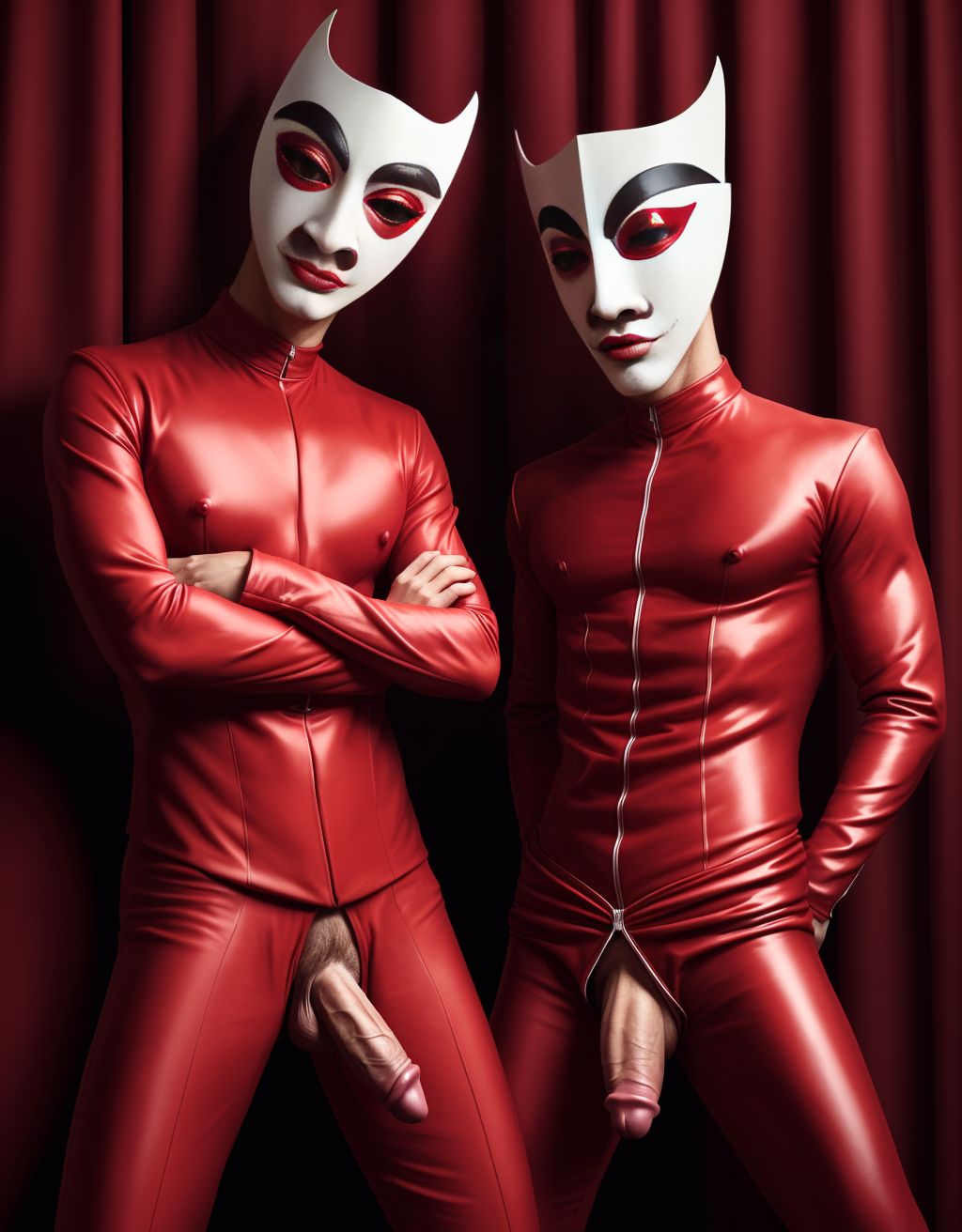 Hombres muy sexys vestidos con trajes rojos de la casa de papel, máscaras de Dalí, algunos con el pene visible, posiciones seductoras, miradas intensas, ropa ajustada, detalles eroticamente sugerentes.