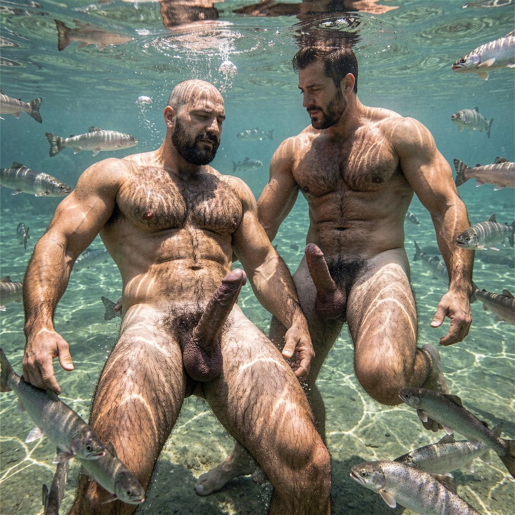 Two extremely muscular, heavily hairy naked men submerged in a clear flowing river surrounded by dozens of salmon fish swimming around them on a warm summer afternoon. Alden, 35, completely bald, 178 cm tall with a lean defined physique at 9% body fat, floats just beneath the surface, water rippling over his broad vellous chest and defined abdomen, his dense dark body hair swaying with the current, his thick 24 cm long, 28 cm girth semi-erect penis drifting naturally between his thighs, salmon brushing past his legs and torso. Ciro, 41, with short dark brown hair and a short trimmed beard, 180 cm tall with a dense muscular body at 7.5% body fat, hovers beside him, one arm reaching toward Alden, his own 22 cm long semi-erect penis floating against his hairy thigh, salmon circling both men, their silver scales catching the light. The water is crystal clear, revealing every detail of their muscular forms beneath the surface — broad shoulders, powerful backs, rounded glutes, dark body hair covering chests, abdomens, arms, and legs. Sunlight penetrates the water from above, creating dappled patterns on their bronzed skin, highlighting every contour, every droplet, every fish swimming in synchronized motion around the two naked hairy men. Bubbles rise from their breath, riverbed visible below. Photorealistic, UHD, 16:9, extreme detail in underwater musculature, wet body hair, fish scales, light refraction through water, sensual intimacy of two naked muscular hairy men submerged together surrounded by salmon.