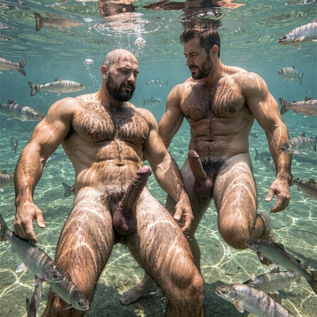 Two extremely muscular, heavily hairy naked men submerged in a clear flowing river surrounded by dozens of salmon fish swimming around them on a warm summer afternoon. Alden, 35, completely bald, 178 cm tall with a lean defined physique at 9% body fat, floats just beneath the surface, water rippling over his broad vellous chest and defined abdomen, his dense dark body hair swaying with the current, his thick 24 cm long, 28 cm girth semi-erect penis drifting naturally between his thighs, salmon brushing past his legs and torso. Ciro, 41, with short dark brown hair and a short trimmed beard, 180 cm tall with a dense muscular body at 7.5% body fat, hovers beside him, one arm reaching toward Alden, his own 22 cm long semi-erect penis floating against his hairy thigh, salmon circling both men, their silver scales catching the light. The water is crystal clear, revealing every detail of their muscular forms beneath the surface — broad shoulders, powerful backs, rounded glutes, dark body hair covering chests, abdomens, arms, and legs. Sunlight penetrates the water from above, creating dappled patterns on their bronzed skin, highlighting every contour, every droplet, every fish swimming in synchronized motion around the two naked hairy men. Bubbles rise from their breath, riverbed visible below. Photorealistic, UHD, 16:9, extreme detail in underwater musculature, wet body hair, fish scales, light refraction through water, sensual intimacy of two naked muscular hairy men submerged together surrounded by salmon.