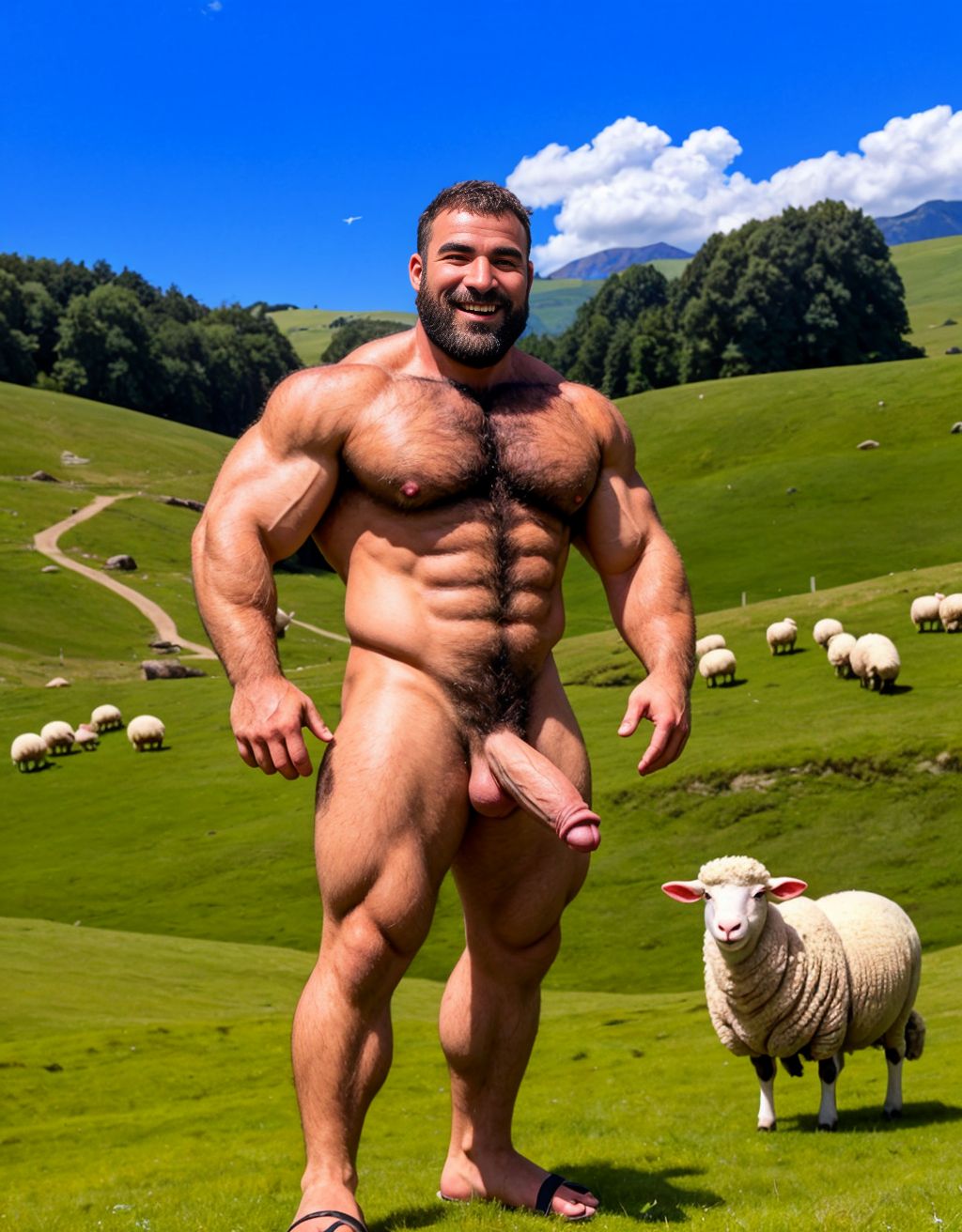 Dos hombres desnudos musculosos velludos son pastores de ovejas en el prado verde. Tienen un pene grande perfecto y bonito. Tienen los testículos grandes y peludos. Están contentos y felices. Tiene sandalias en los pies. Están sobre la hierba del prado. Levantan el brazo derecho para lanzar una piedra hacia las ovejas del rebaño.