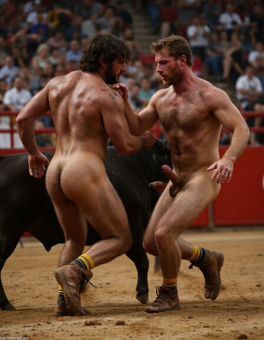 Un torero español musculoso y velludo de 50 años, con torso atlético y marcado, se muestra completamente desnudo, destacando su pene de 30 cm de longitud y 5 cm de grosor, perfectamente formado y rodeado de un denso vello púbico castaño oscuro. Sus testículos, perfectamente formados, cuelgan de forma prominente. La piel bronceada y sudorosa resalta su musculatura definida, con pectorales y abdominales bien marcados y sin grasa. El cabello largo y castaño oscuro está despeinado y sudoroso, con gotas de sudor resbalando por su frente y mejillas. Una barba incipiente y un vello corporal denso que se extiende por su pecho, piernas y brazos completan su apariencia viril. Lleva sandalias marrones en sus pies.

A su lado, un hombre musculoso y velludo de 30 años, completamente desnudo, muestra un pene erecto de 30 cm de longitud y 4 cm de grosor, hermoso y perfecto, rodeado de un denso vello púbico pelirrojo. Su piel bronceada y sudorosa muestra una musculatura definida, con pectorales y abdominales muy marcados. Tiene cabello pelirrojo despeinado y sudoroso. Tiene una barba pelirroja densa pero bien recortada. El vello corporal pelirrojo denso cubre su pecho, y tiene mucho vello pelirrojo en sus piernas y brazos, lo que realza su apariencia masculina y atlética. Están corriendo en la plaza de toros con un toro

Ambos hombres se encuentran en una plaza de toros, con sombras que resaltan su musculatura y vello corporal, creando un ambiente sensual y cargado de tensión. Están en pleno acto de pasión, con sus penes erectos y testículos prominentes ,destacando su musculatura, vello corporal y atributos viriles en una imagen impactante y llena de energía. La escena está llena de sensualidad y poder, con los dos hombres como protagonistas, en un ambiente cargado de pasión y erotismo. La imagen es híper realista, con detalles de alta calidad, y muestra la unión de los dos hombres en un acto de pasión y dominio, con sus cuerpos musculosos y velludos completamente desnudos y visibles, mostrando su excitación y pasión en cada detalle. Tienen sus penes erectos, desde la uretra del glande del pene eyaculan semen blanco lanzado en abundancia. Están totalmente desnudos. Tiene un pene de 30 cm de longitud y 5 cm de diámetro.