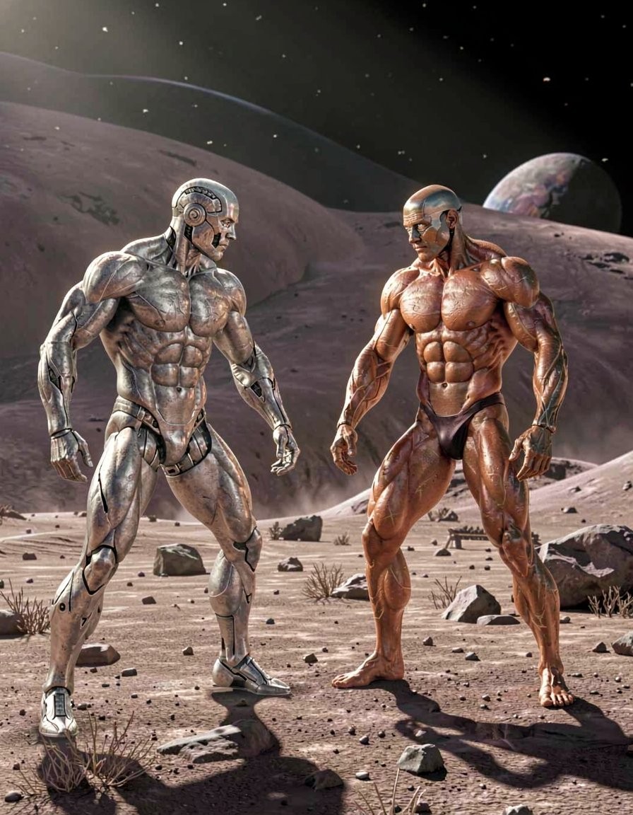 Dos figuras humanoides hiper musculadas se enfrentan sobre un paisaje lunar rocoso, con una estética de ciencia ficción y fantasía futurista. A la izquierda aparece un cíborg plateado de cuerpo anatómico metálico, con placas brillantes, articulaciones mecánicas, rostro parcialmente robótico y pies integrados en una estructura tecnológica. A la derecha hay un humanoide de piel cobriza y brillante, calvo, con musculatura extremadamente definida, venas marcadas y una mínima prenda oscura que cubre la entrepierna. Ambos mantienen una postura tensa, mirándose cara a cara como si fueran guerreros o rivales. El entorno muestra polvo, piedras, cráteres, montañas suaves, un cielo estrellado y un planeta distante, reforzando la atmósfera espacial, épica y surrealista.