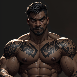 hombre masculino, cuerpo fuerte y musculoso, piel morena, actitud dominante y oscura, mirada intensa, torso desnudo, tatuajes discretos, ambiente sombrío, luz tenue resaltando músculos, expresión seria y desafiante, fondo neutro, detalles realistas y masculinos, sin ropa en la parte superior, aspecto varonil y sexual, pose relajada pero dominante.