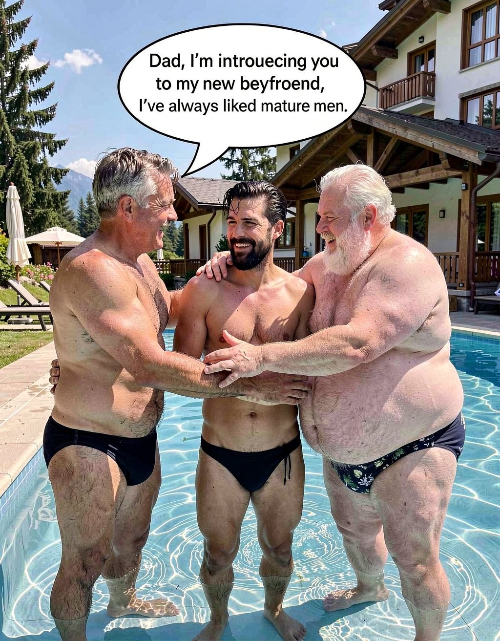 Tres hombres en bañador tipo slip están de pie dentro de una piscina al aire libre, abrazándose y sonriendo en una escena de tono cómico y sugerente. En el centro aparece un hombre más joven, musculoso y con barba oscura, rodeado por dos hombres mayores: uno canoso a la izquierda, también en bañador negro, y otro de complexión grande a la derecha, con barba blanca y bañador oscuro estampado. Los tres mantienen contacto físico cercano, con las manos sobre el torso y los brazos del hombre central, mientras el agua azul refleja la luz del sol. Al fondo se ve un edificio estilo chalet u hotel de montaña, tumbonas, sombrillas y árboles. Un bocadillo de texto dice: “Dad, I’m introducing you to my new boyfriend, I’ve always liked mature men.”