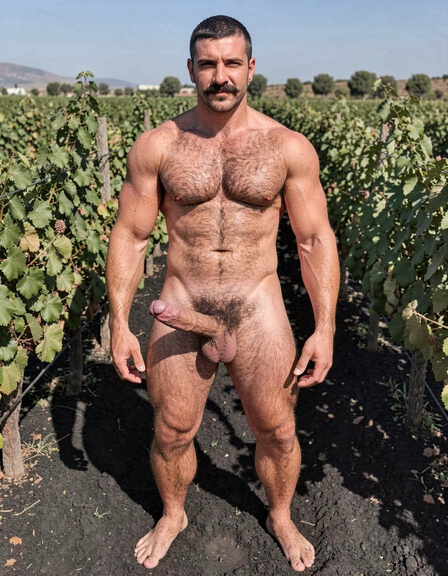 Hombre desnudo de pie en medio de un viñedo, posando frontalmente entre hileras de parras verdes bajo una luz solar intensa. Tiene complexión musculosa y robusta, pecho y abdomen velludos, brazos fuertes, piernas marcadas y bigote oscuro, con el pelo corto y expresión seria mirando directamente a la cámara. Su pene y testículos están completamente visibles, con abundante vello púbico, mientras permanece descalzo sobre tierra oscura y seca. El entorno rural muestra cepas cargadas de hojas a ambos lados, un paisaje agrícola abierto al fondo con árboles dispersos y montañas lejanas, creando una escena exterior natural, cruda y explícita en un campo de viñas.