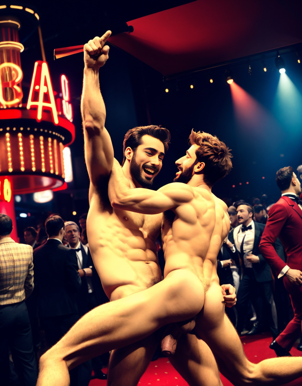 Toulouse Lautrec desnudo con su primo Tapié de Céleyran desnudo en el Moulin Rouge del año 1889. Están bailando. Tiene pene grande y largo. Tiene testículos grandes redondos y largos. Están agachados.